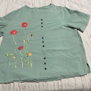 Green Button-Up Shirt with Floral Embroidery